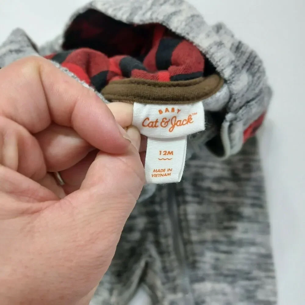 Cat & Jack Baby 12M‎ Romper Gray Heathered Stretch Buffalo Plaid Ears Horns Zip